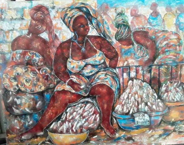 Les vendeuses de manioc, Huile sur toile, 115 x 150 cm, 2019.
