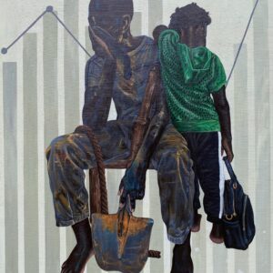 "Soon" de Marc Makalu, acrylique sur toile, 100 x 120 cm, 2023. Dans cette oeuvre, l'artiste montre l'incapacité des parents à pouvoir subvenir aux besoins et à l'éducation de leurs enfants.